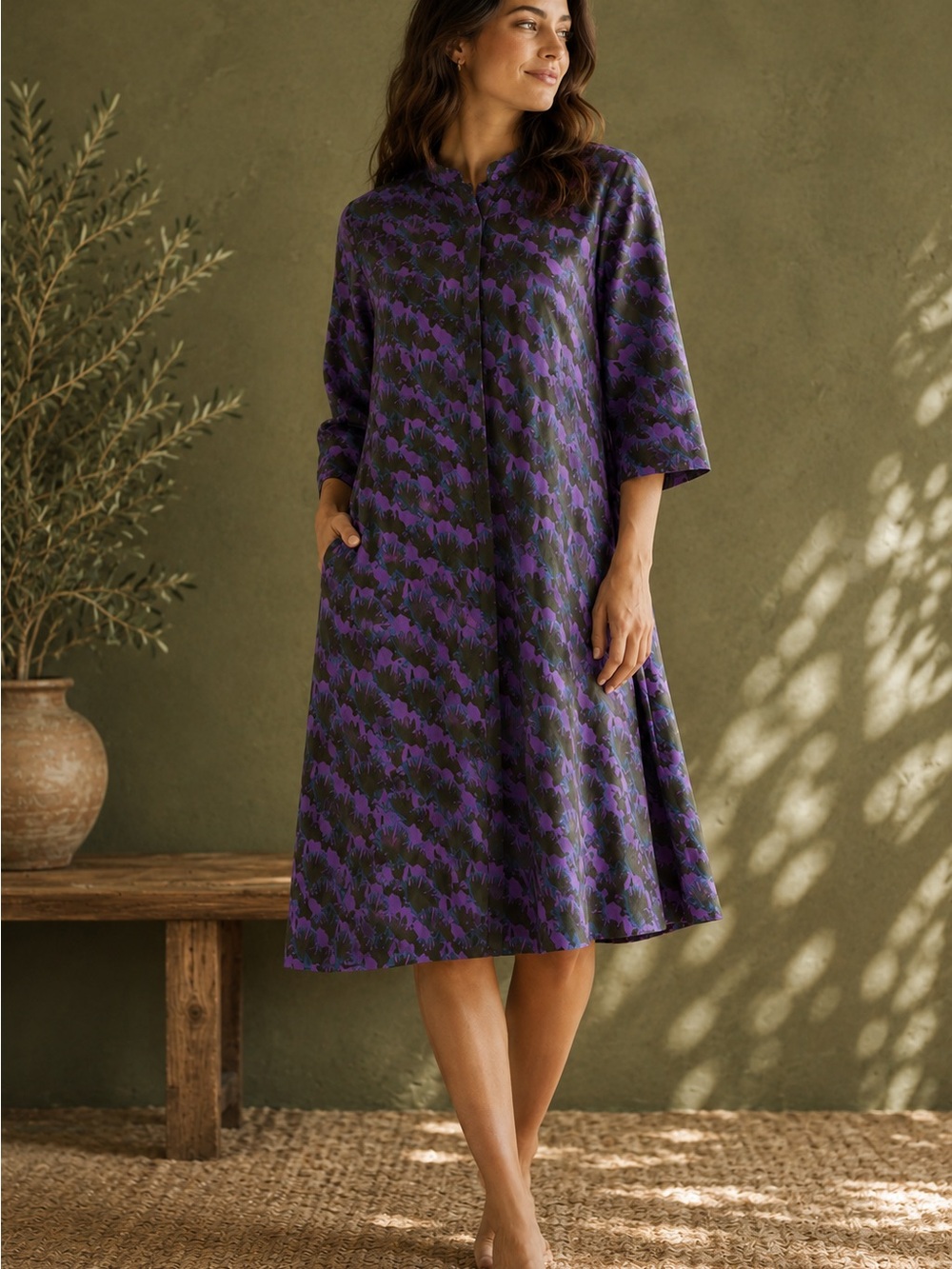 Zuri Olive & Violet Abstract Handmade Cotton Dress Artsy A Line Made in Kenya XL